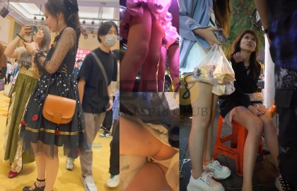 尾随偷拍美女❤️长腿学姐和闺蜜逛街黑裙白内毫无防备，内裤被月经血浸透了；粉裙美女路边等车，裙子被风吹起露黑森林